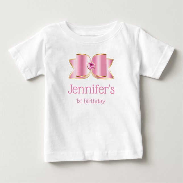 Pink Glam Bow with a Center Gemstone 1st Birthday Baby T-Shirt (Front)