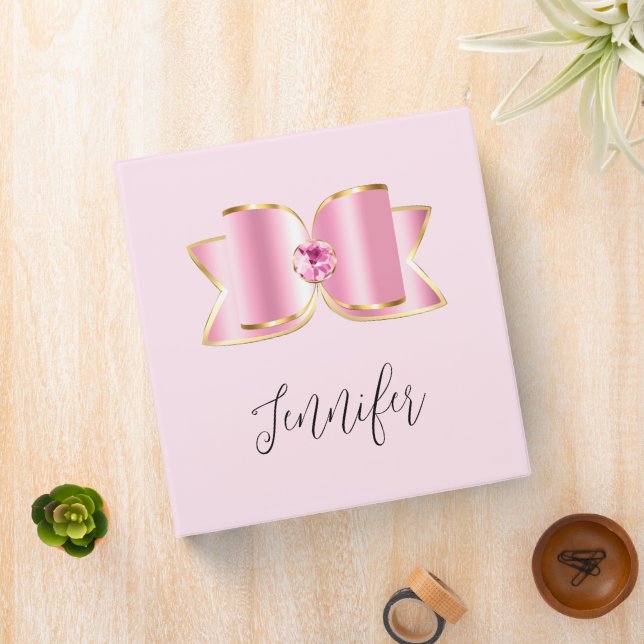 Pink Glam Bow with a Center Gemstone 3 Ring Binder (In Situ)