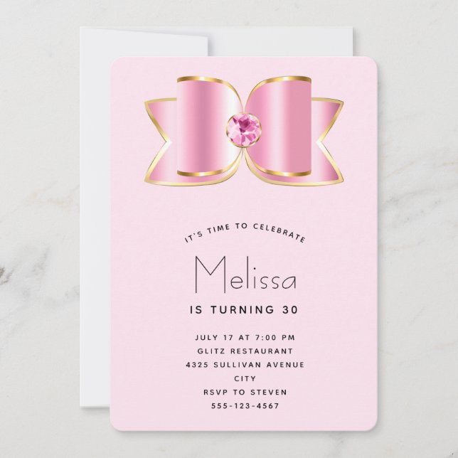 Pink Glam Bow with a Center Gemstone Birthday Invitation (Front)
