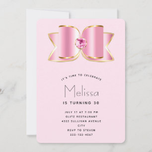 Pink Glam Bow with a Center Gemstone Birthday Invitation