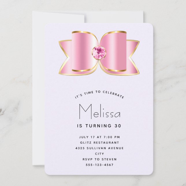 Pink Glam Bow with a Center Gemstone Birthday Invitation (Front)