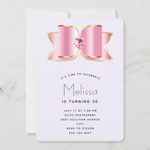 Pink Glam Bow with a Center Gemstone Birthday Invitation