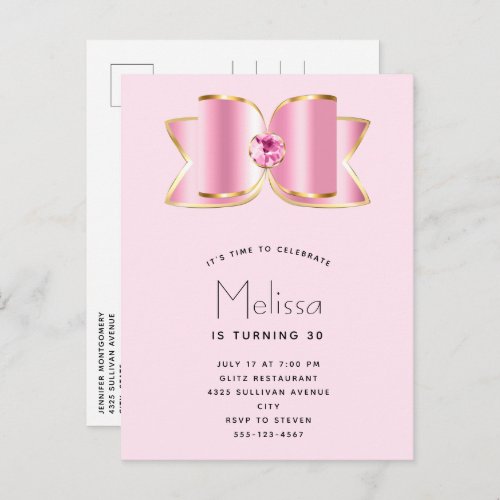 Pink Glam Bow with a Center Gemstone Birthday Invitation Postcard