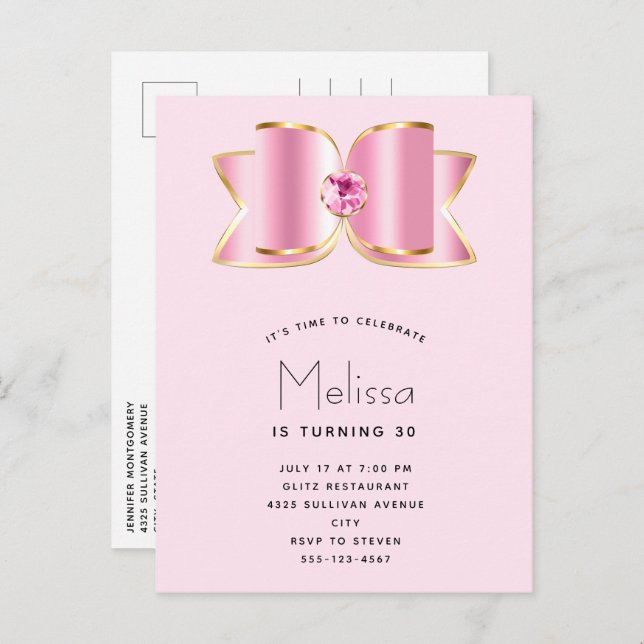 Pink Glam Bow with a Center Gemstone Birthday Invitation Postcard (Front/Back)
