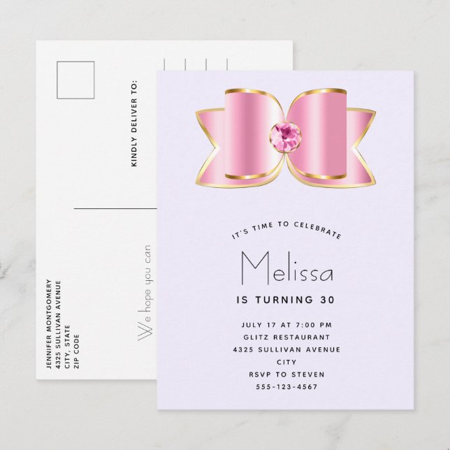 Pink Glam Bow with a Center Gemstone Birthday Invitation Postcard (Front/Back)
