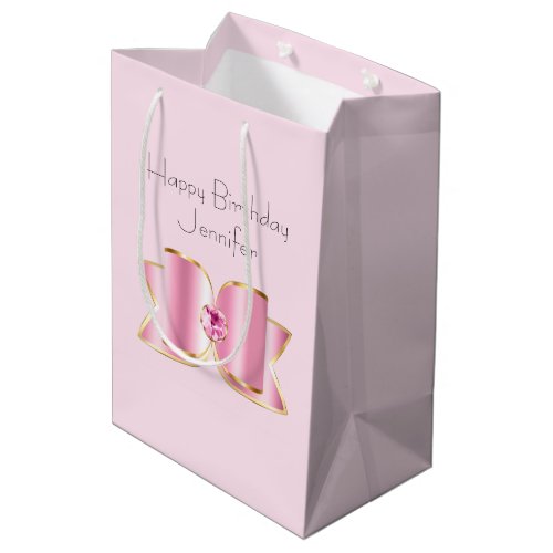 Pink Glam Bow with a Center Gemstone Birthday Medium Gift Bag