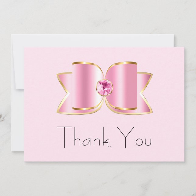 Pink Glam Bow with a Center Gemstone Birthday Thank You Card (Front)