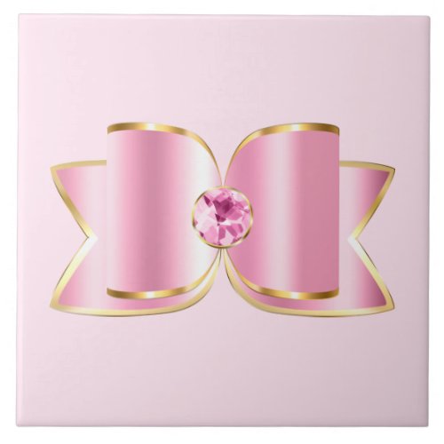 Pink Glam Bow with a Center Gemstone Ceramic Tile