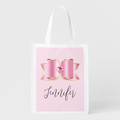 Pink Glam Bow with a Center Gemstone Grocery Bag