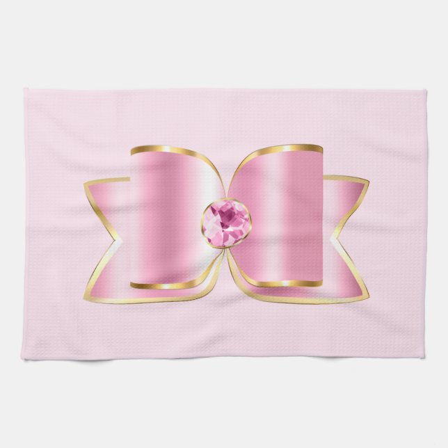 Pink Glam Bow with a Center Gemstone Kitchen Towel (Horizontal)