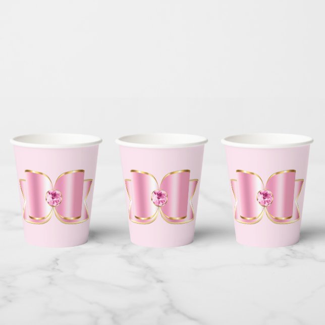 Pink Glam Bow with a Center Gemstone Paper Cups (Multi)