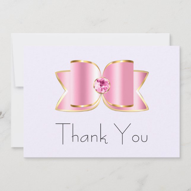 Pink Glam Bow with a Center Gemstone Party Thank You Card (Front)