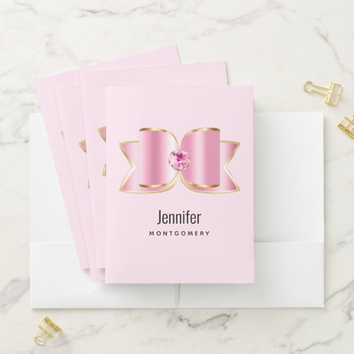Pink Glam Bow with a Center Gemstone Pocket Folder