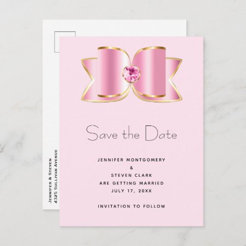 Pink Glam Bow with a Center Gemstone Save the Date Invitation Postcard