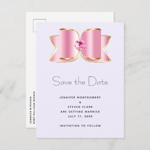 Pink Glam Bow with a Center Gemstone Save the Date Invitation Postcard