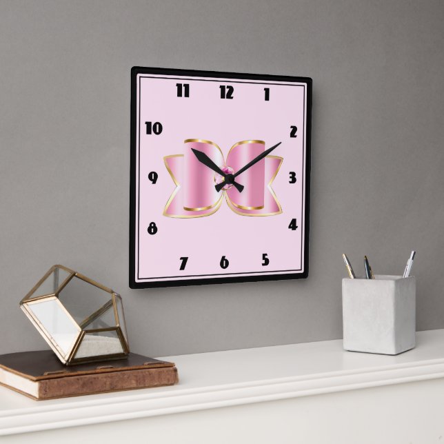 Pink Glam Bow with a Center Gemstone Square Wall Clock (Office)