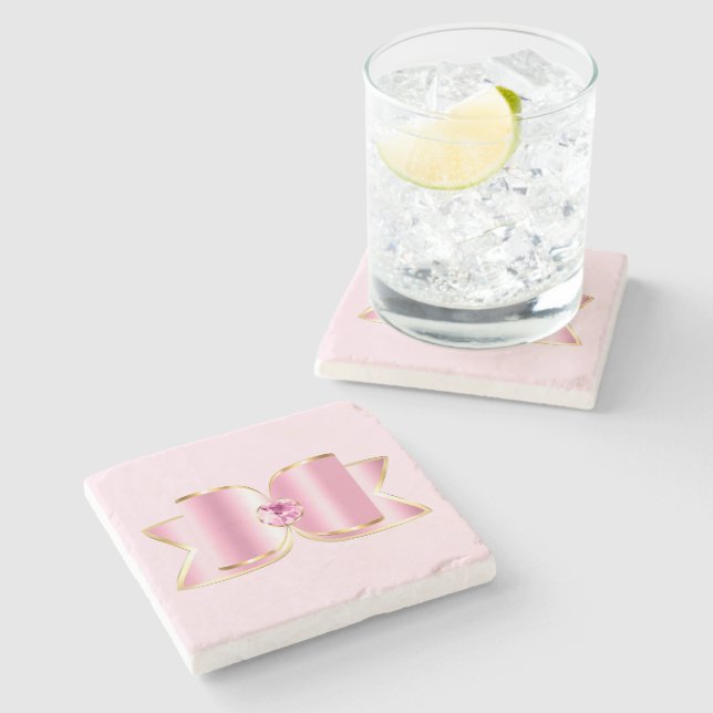 Pink Glam Bow with a Center Gemstone Stone Coaster (Side)