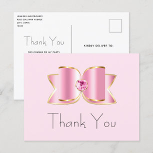 Pink Glam Bow with a Center Gemstone Thank You Postcard