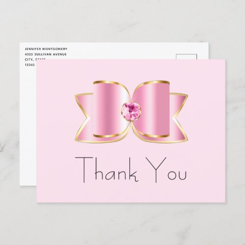 Pink Glam Bow with a Center Gemstone Thank You Postcard