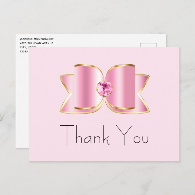 Pink Glam Bow with a Center Gemstone Thank You Postcard (Front/Back)