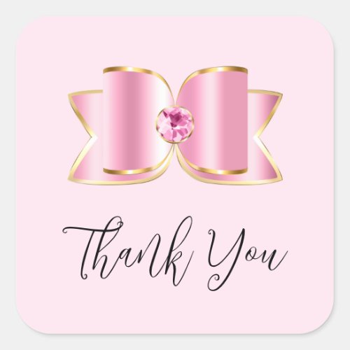Pink Glam Bow with a Center Gemstone Thank You Square Sticker