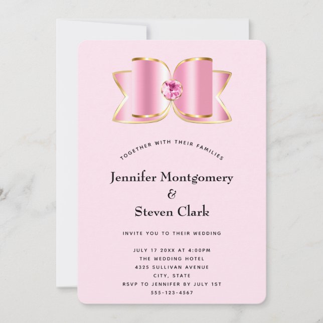 Pink Glam Bow with a Center Gemstone Wedding Invitation (Front)