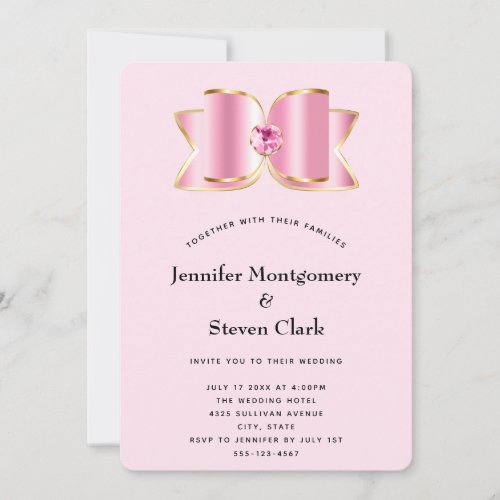 Pink Glam Bow with a Center Gemstone Wedding Invitation