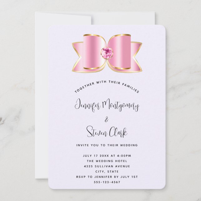 Pink Glam Bow with a Center Gemstone Wedding Invitation (Front)