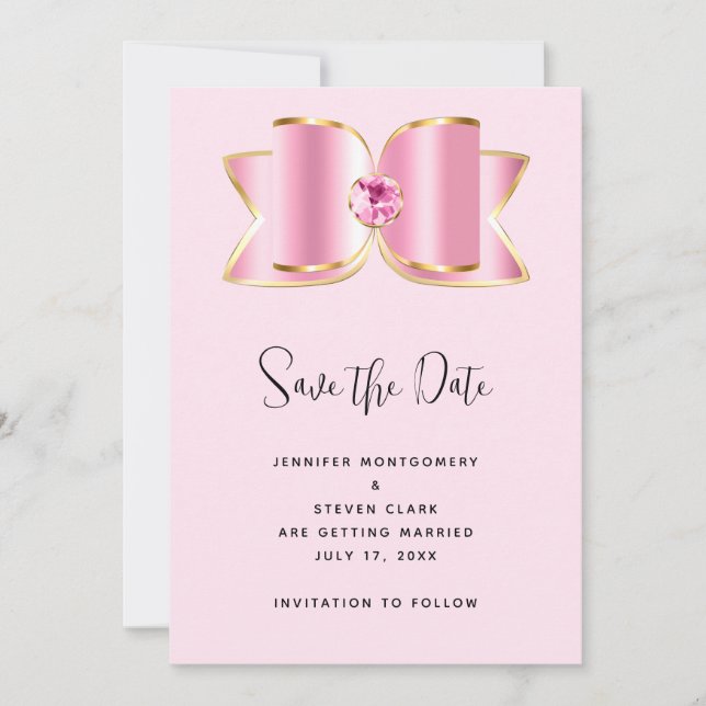 Pink Glam Bow with a Center Gemstone Wedding Save The Date (Front)