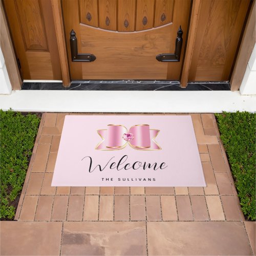 Pink Glam Bow with a Center Gemstone Welcome Doormat