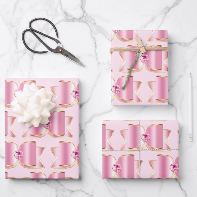 Pink Glam Bow with a Center Gemstone Wrapping Paper Sheets (Front)