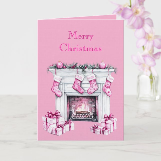Pink Glam Christmas Stocking Fireplace Card (Orchid)