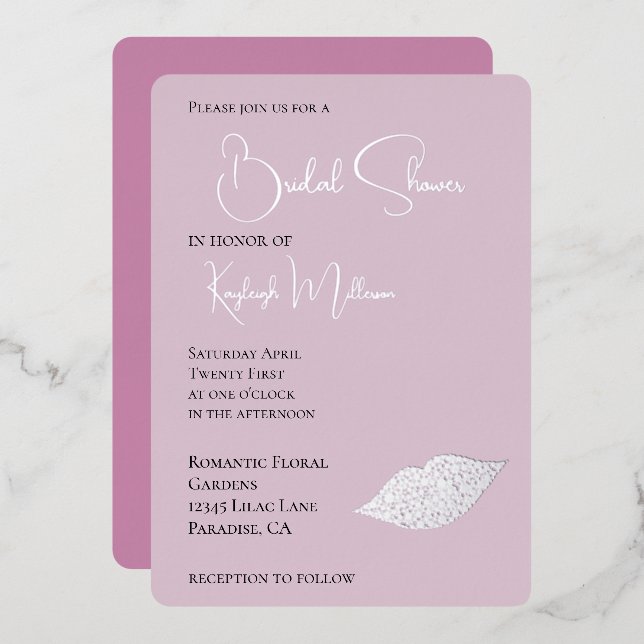 Pink Glam Diamonds Kiss Lips Bridal Shower Foil Invitation (Front/Back)