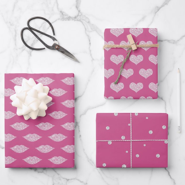 Pink Glam Diamonds Lips and Hearts Wrapping Paper Sheets (Front)