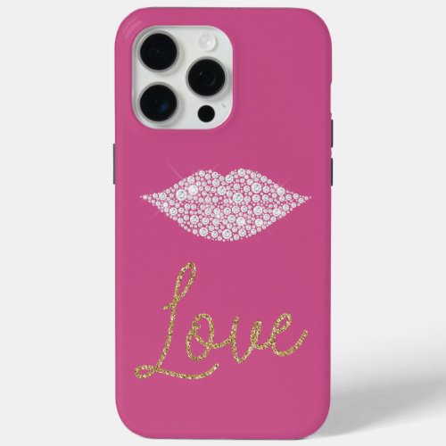 Pink Glam Diamonds Lips Kiss Gold Glitter Love iPhone 15 Pro Max Case