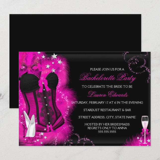 Pink Glam Feather Corset Bachelorette Party Invite (Front/Back)