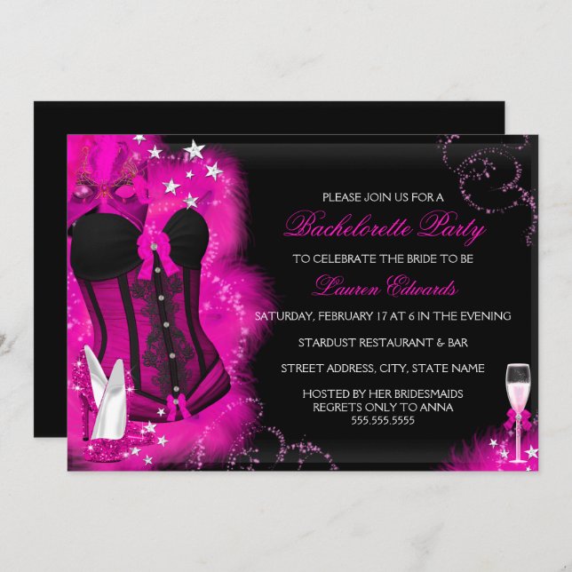 Pink Glam Feather Corset Bachelorette Party Invite (Front/Back)