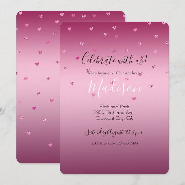 Pink Glam Glitter Hearts Invitation (Front/Back)