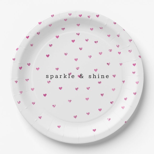 Pink Glam Glitter Hearts Paper Plates (Front)