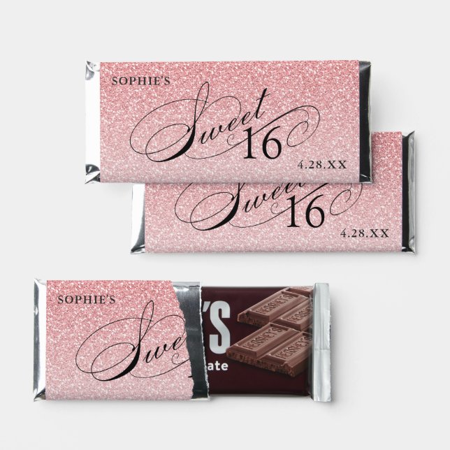 Pink Glam Glitter Sweet 16 Personalized Hershey Bar Favors (Front)