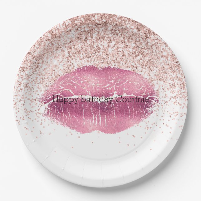 Pink Glam Glitz Glitter Lips Birthday Paper Plates (Front)
