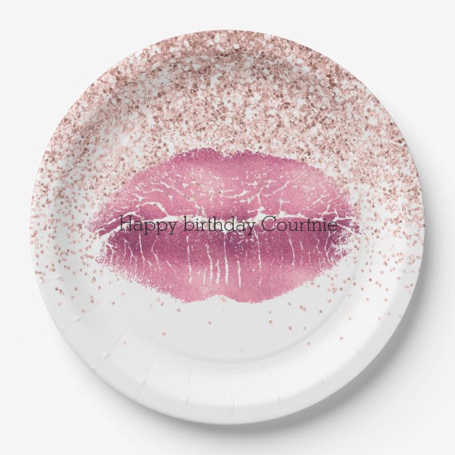 Pink Glam Glitz Glitter Lips Paper Plates (Front)