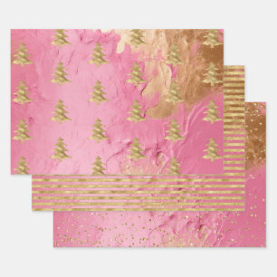 Pink Glam Gold Christmas Tree Stripes Sparkle Wrapping Paper Sheets