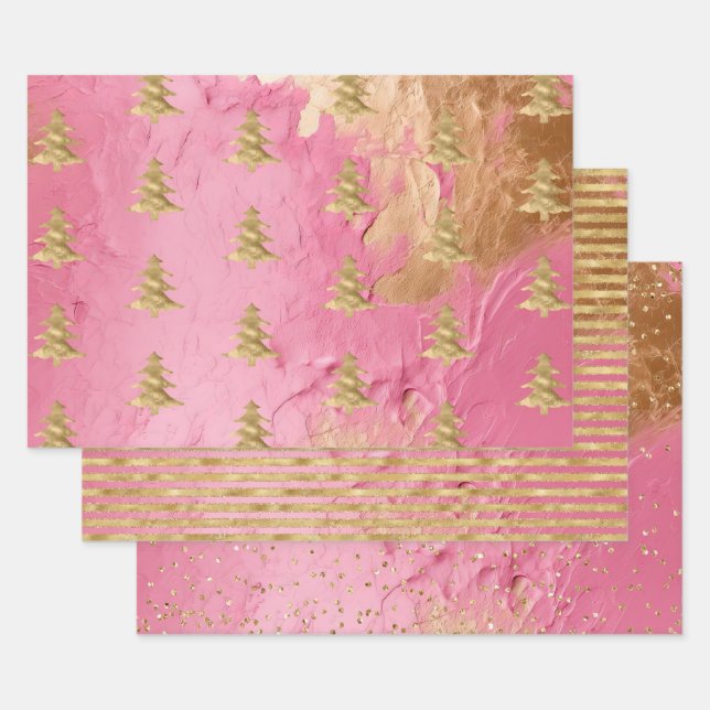 Pink Glam Gold Christmas Tree Stripes Sparkle     Wrapping Paper Sheets (Set)