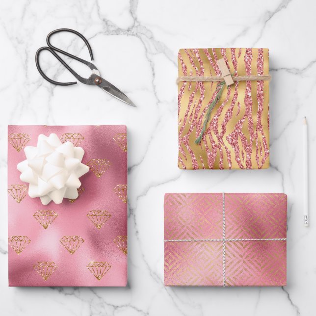 Pink Glam Gold Diamonds Wrapping Paper Sheets (Front)