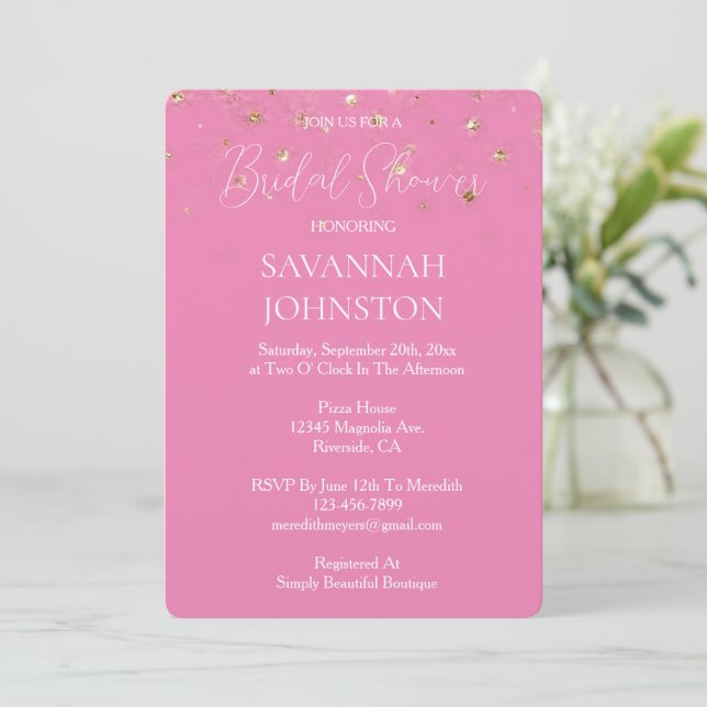 Pink Glam Gold Glitter Confetti bridal shower Invitation (Standing Front)