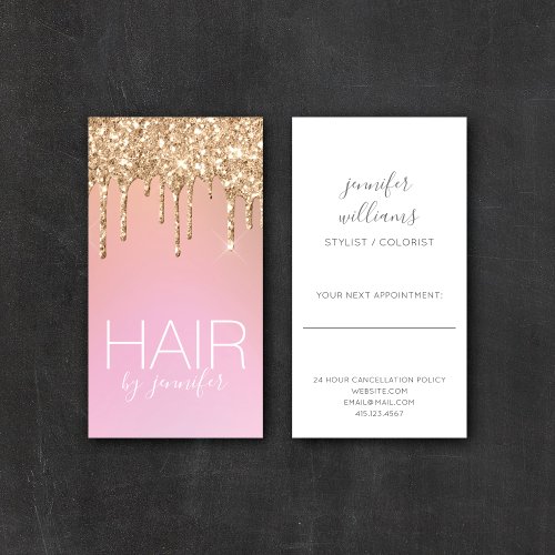 Pink  Glam Gold Glitter Drips Hair Stylist Salon Business Card