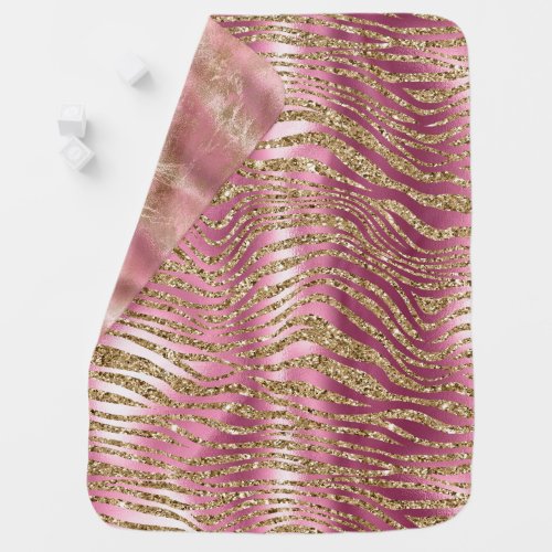 Pink Glam Gold Glitter Zebra Print Baby Blanket
