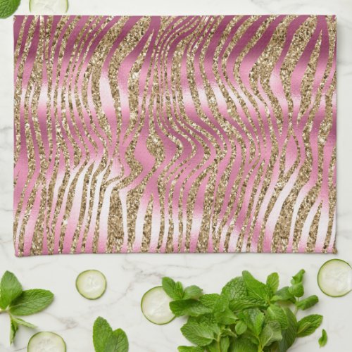 Pink Glam Gold Glitter Zebra Print Kitchen Towel