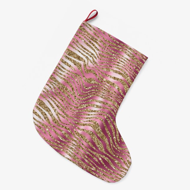 Pink Glam Gold Glitter Zebra Print Large Christmas Stocking (Front (Hanging))